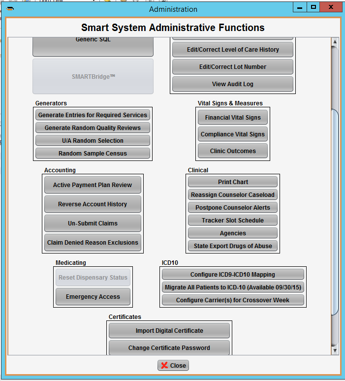Administration Functions screen